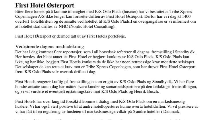 First Hotel Østerport er tatt ut av First Hotels portefølje