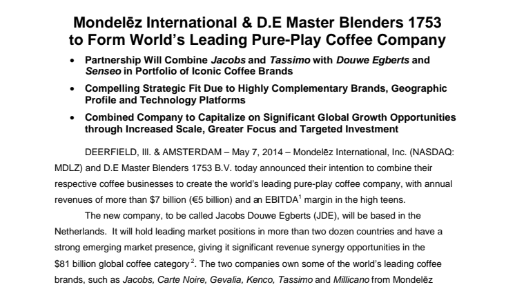 Mondelēz International & D.E Master Blenders 1753 to Form World’s Leading Pure-Play Coffee Company