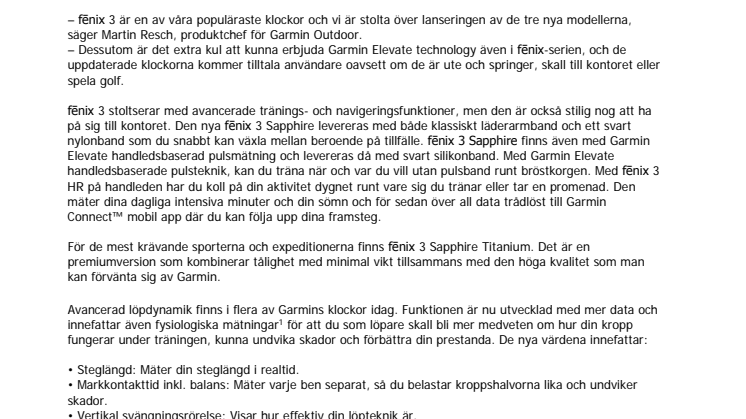Garmin® presenterar tre nya modeller av fēnix® 3 Sapphire