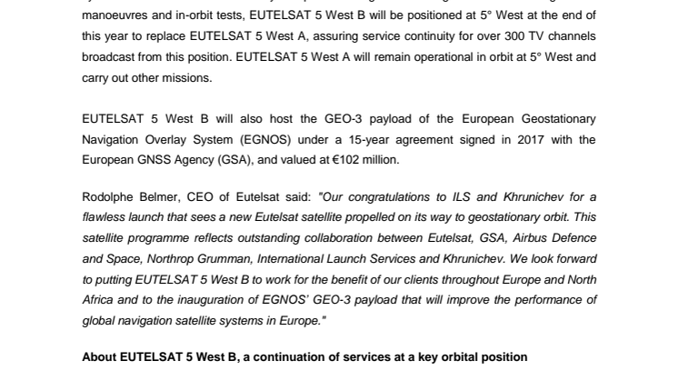 Successful launch of EUTELSAT 5 West B