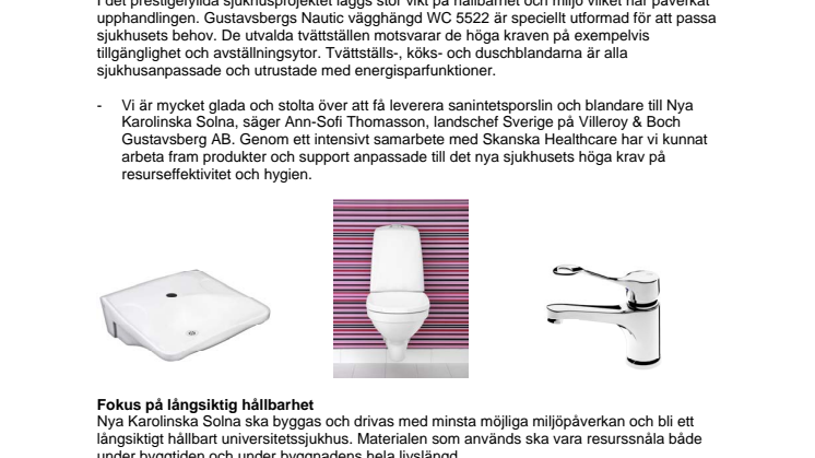 Gustavsberg levererar sanitetsporslin och blandare till Nya Karolinska Solna 