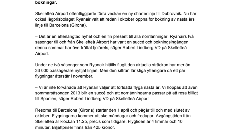 Ryanair flyger Skellefteå Airport - Barcelona (Girona) även 2013