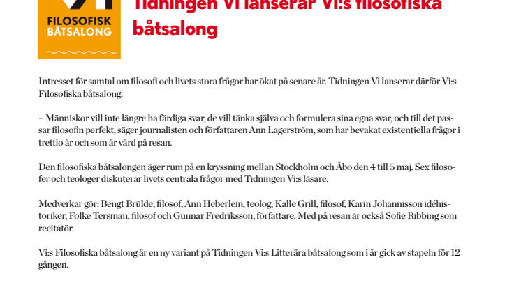 Tidningen Vi lanserar Vi:s filosofiska båtsalong