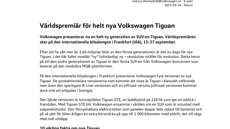 Världspremiär för helt nya Volkswagen Tiguan