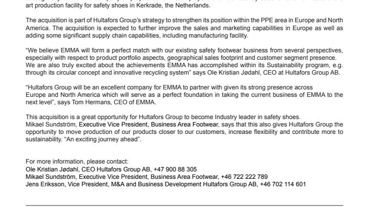Hultafors Group acquires EMMA Safety Footwear B.V.