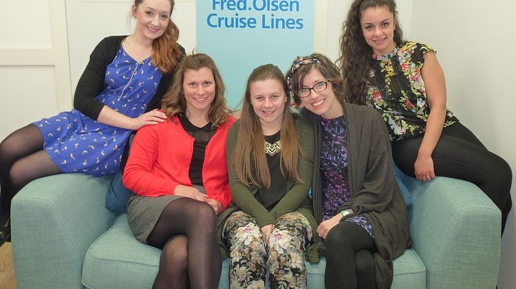 Fred. Olsen Cruise Lines’ new ‘Trade Support’ team are pictured at the company’s Head Office in Ipswich, Suffolk. Left to right: Becky Smith, Clair Farthing, Sophie Barrett, Emma Scrivener and Salume Van Tankeren. 