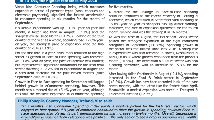 Irish consumers continue shopping ahead of the Budget as September sees fastest rise in spending in six months 
