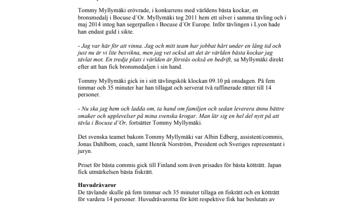 Bronsmedalj till Tommy Myllymäki i Bocuse d´Or - Guld till Norge