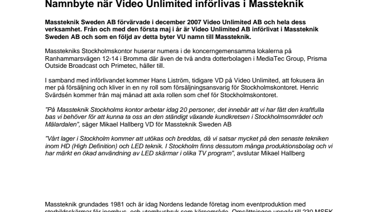 Namnbyte när Video Unlimited införlivas i Massteknik
