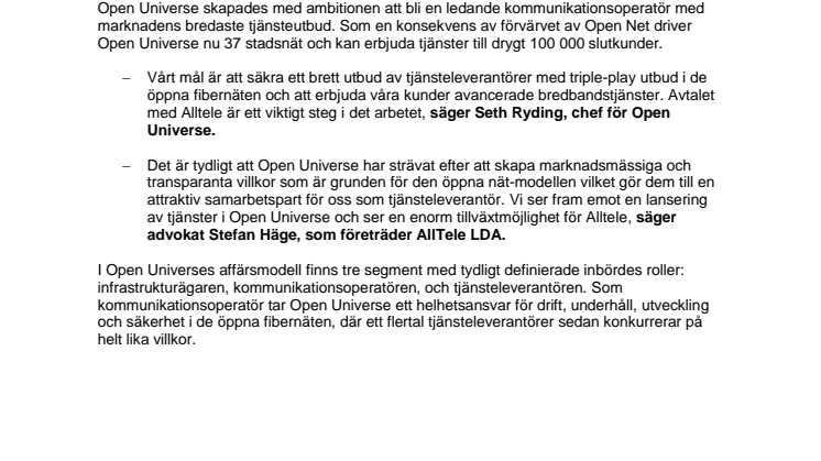 Open Universe tecknar avtal med Alltele