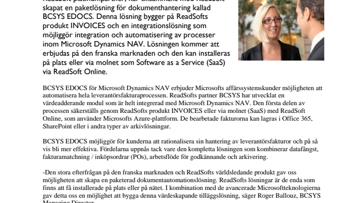 ReadSofts platinumpartner BCSYS och ReadSoft Frankrike lanserar automatisk fakturahanteringslösning för Microsoft Dynamics NAV