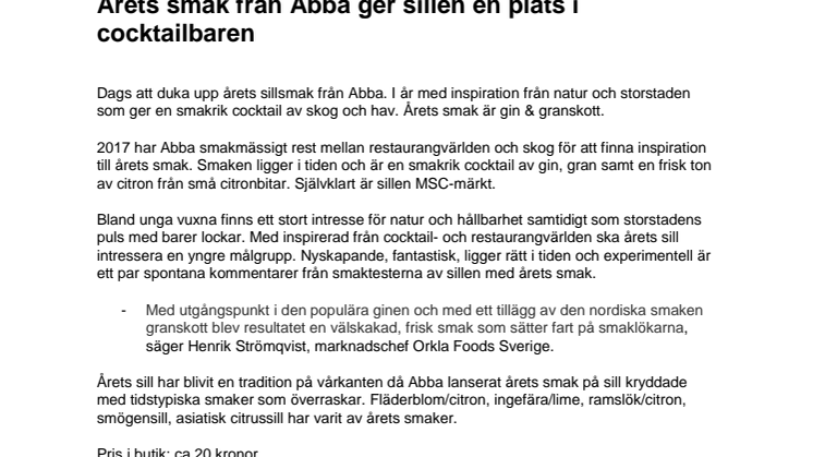 Årets smak från Abba ger sillen en plats i cocktailbaren