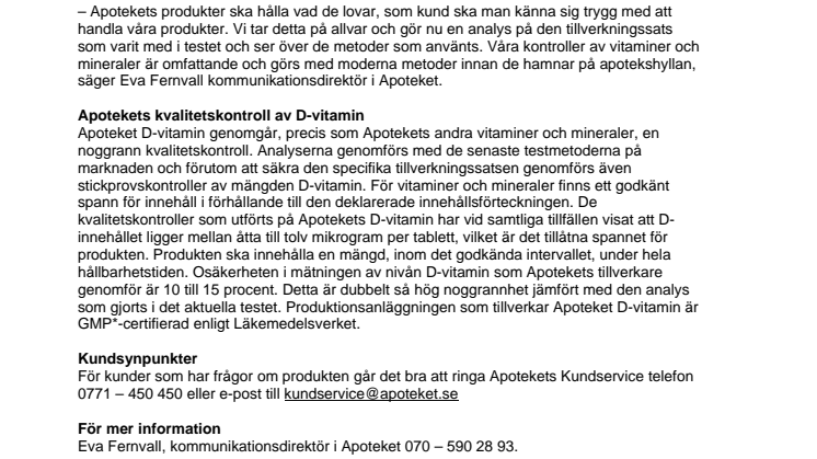 Apoteket kontrollerar D-vitamintillskott 