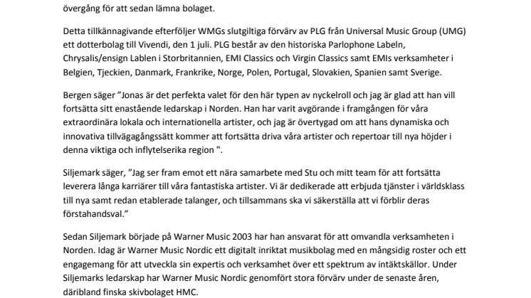 WARNER MUSIC GROUP BEKRÄFTAR JONAS SILJEMARK SOM CHEF ÖVER DEN KOMBINERADE SKIVBOLAGSVERKSAMHETEN I NORDEN