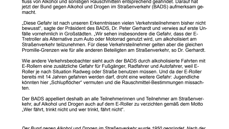  „E-Scooter kein Schlupfloch bei Alkohol- und Drogenfahrten“
