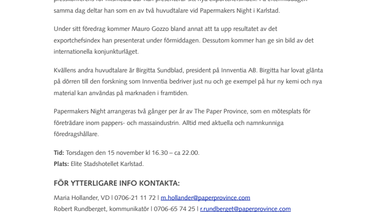 Mauro Gozzo berättar om konjunkturläget på Papermakers Night