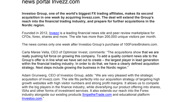 Optimizer’s Investoo Group acquires leading financial news portal Invezz.com