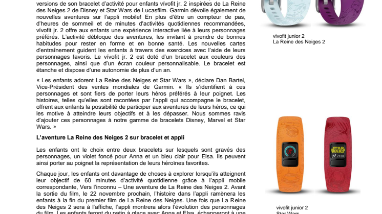 Garmin dévoile les nouveaux bracelets d’activité vívofit jr. 2 aux couleurs des héros de La Reine des Neiges 2 et Star Wars  