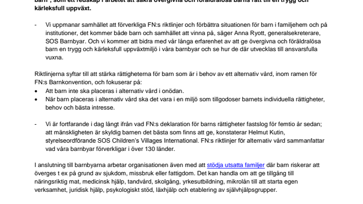 SOS Barnbyar antar FN-riktlinjer som ska stoppa vanvård av barn i familjehem och på institutioner