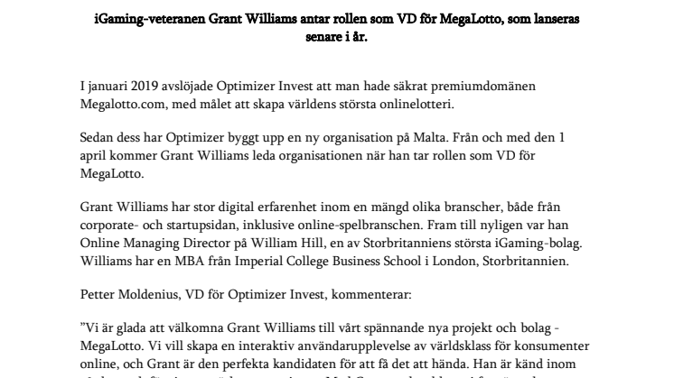 Optimizer Invest’s storsatsning på onlinelotto tar in VD
