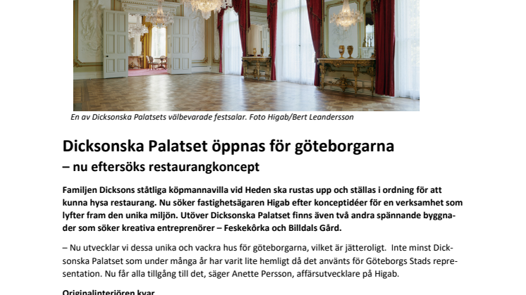 Dicksonska Palatset öppnas för göteborgarna – nu eftersöks restaurangkoncept