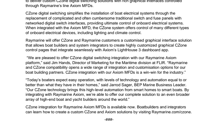 Raymarine and CZone Collaborate to Offer Integrated Digital Switching Solutions