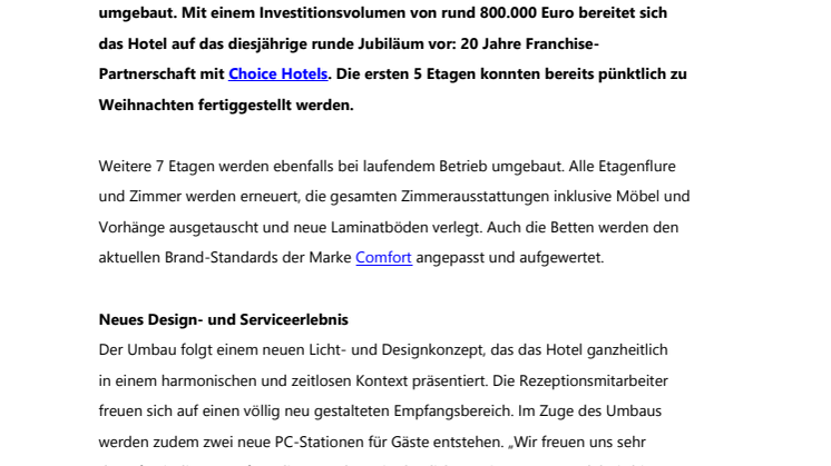 Alles neu zum Jubiläum: Comfort Hotel Lichtenberg baut um