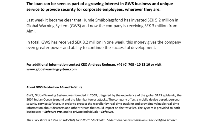 GWS receives SEK 3 million from Almi