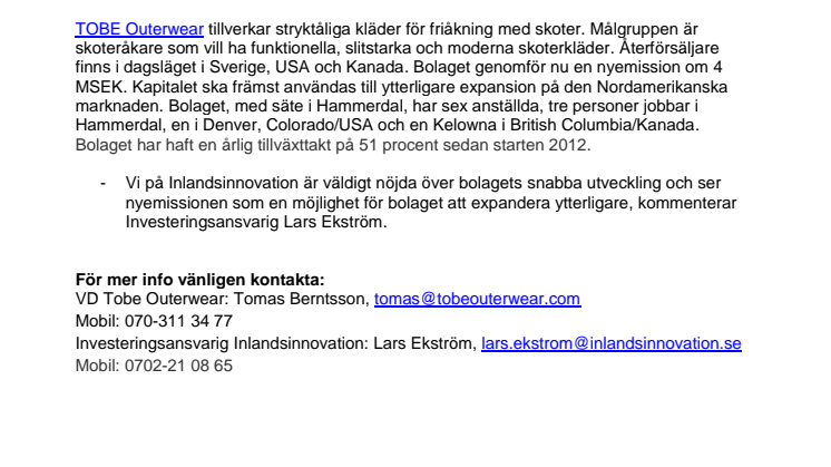 Portföljbolaget TOBE Outerwear genomför nyemission