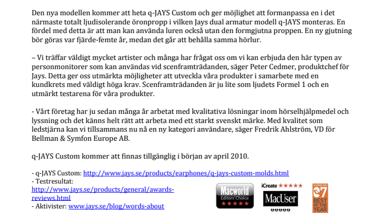 Jays lanserar formgjutna in-ear lurar