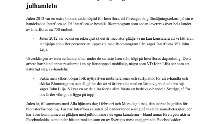 Interfloras internetförsäljning slog rekord under julhandeln