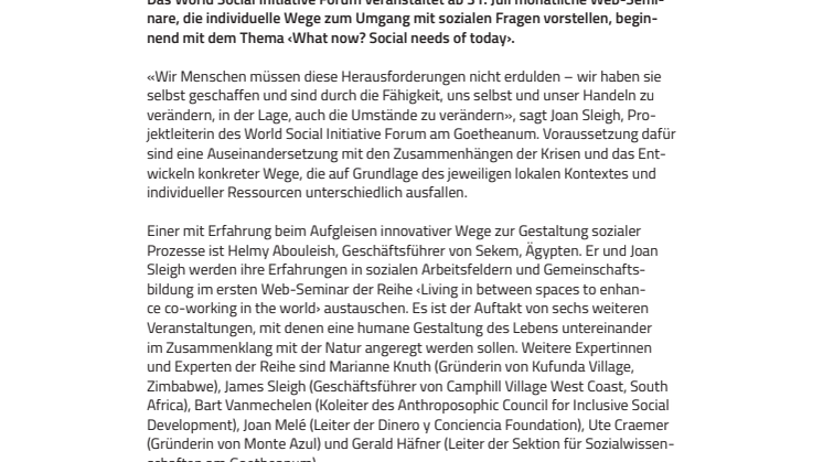 «Was nun?» – «Sich den sozialen Bedürfnissen stellen!» – Web-Seminarreihe des World Social Initiative Forum