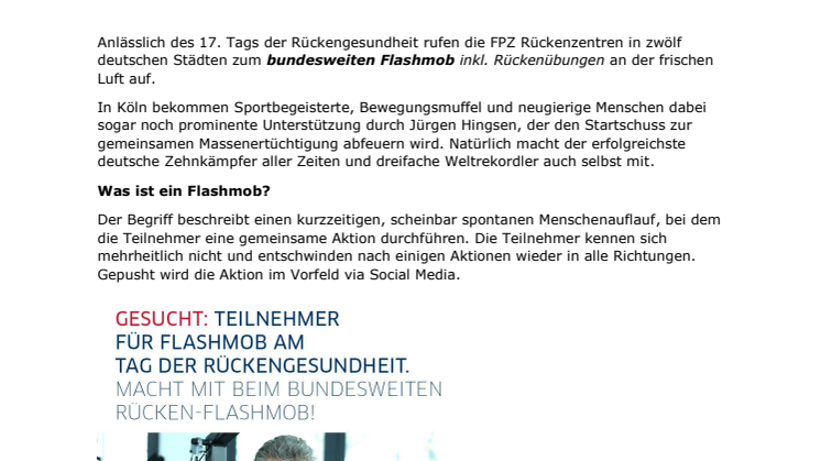 Bundesweiter Flashmob mit spontanen Rückenübungen - Aktion zum Tag der Rückengesundheit mit Promi-Unterstützung