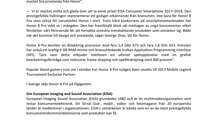 Honor 8 Pro vinner prestigefyllt pris från EISA