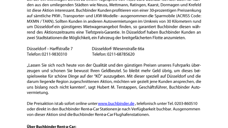 Buchbinder Rent-a-Car startet große Preisaktion in Düsseldorf und Umgebung