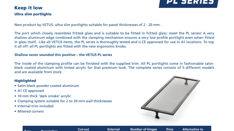 VETUS PL series portlights - Information Sheet