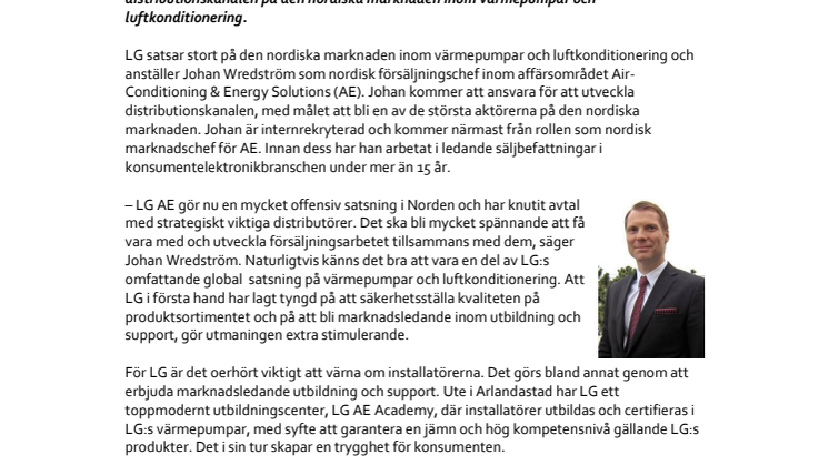 Johan Wredström ny nordisk försäljningschef för LG Air-Conditioning & Energy Solutions 
