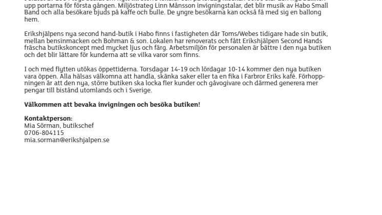 Ny Erikshjälpen-butik i Habo öppnar på lördag