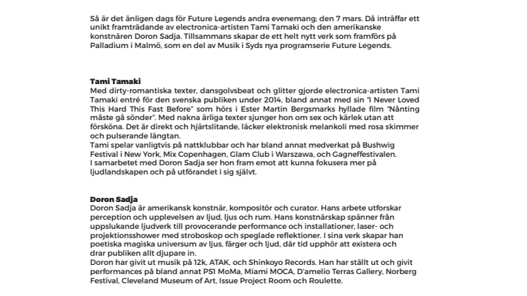 FUTURE LEGENDS på Palladium Malmö 7 mars – med Tami Tamaki, Doron Sadja, Yaloopop m.fl