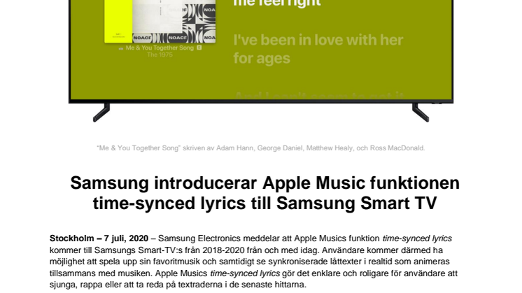 Samsung introducerar Apple Music funktionen time-synced lyrics till Samsung Smart TV