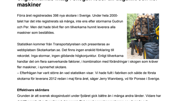 Ungdomarnas intåg i skogen leder till dagskift och fler maskiner - Rekord för registrering av nya skotare 2011