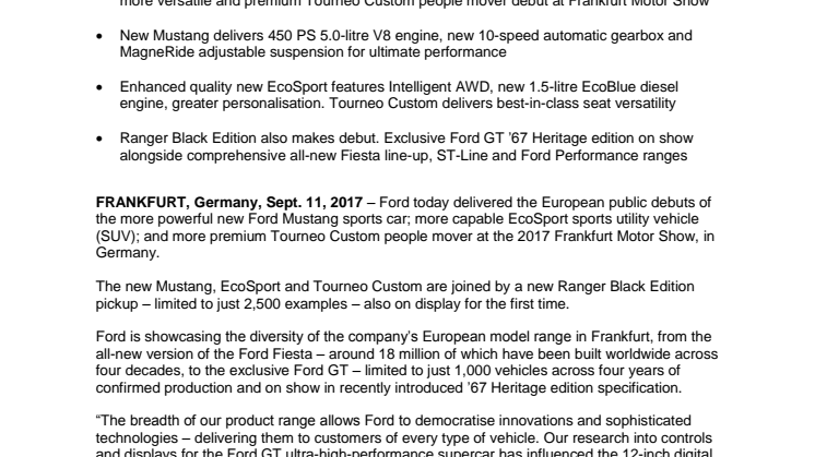Ford @ IAA 2017: Fords nyheder på Frankfurt Motorshow - fra den fornyede Mustang til den frække EcoSport  