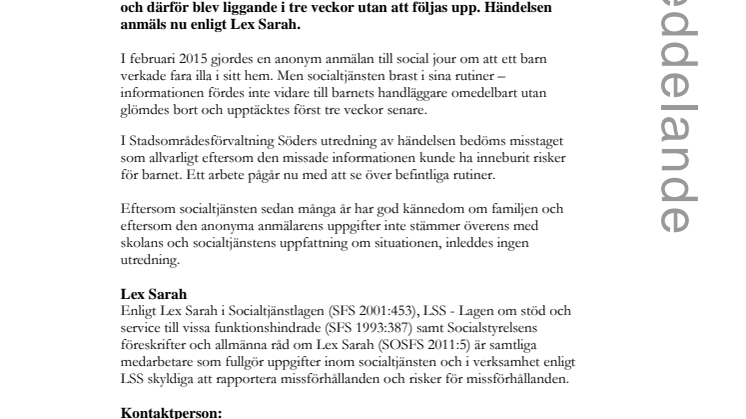 Anmälan till socialtjänsten missades