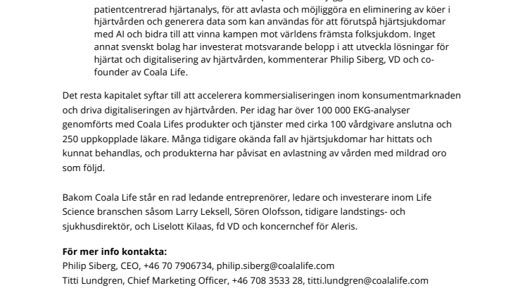 Coala Life tar in ytterligare expansionskapital