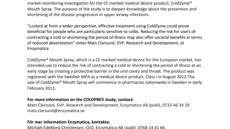 Enzymatica to commence clinical market-monitoring study for the prevention and shortening of upper airway infection  