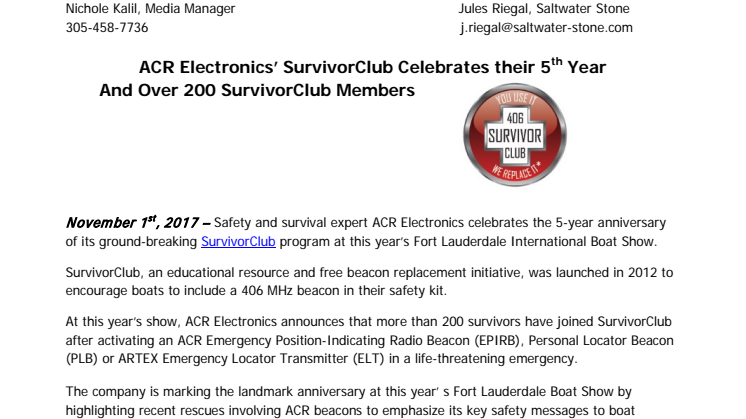 ACR Electronics’ SurvivorClub Celebrates 5th Year and Over 200 Members 