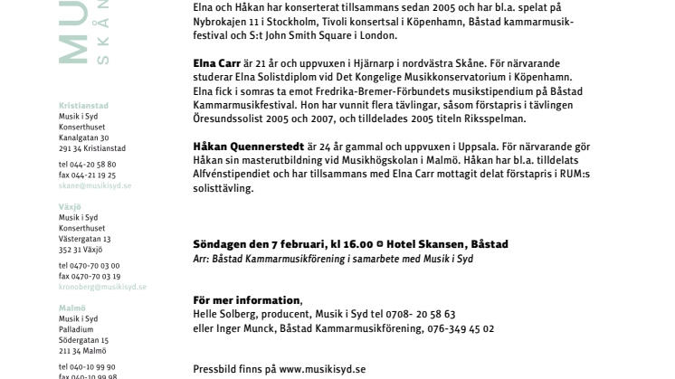 Ung duo bjuder på sonater  - Carr & Quennerstedt gästar Båstad 