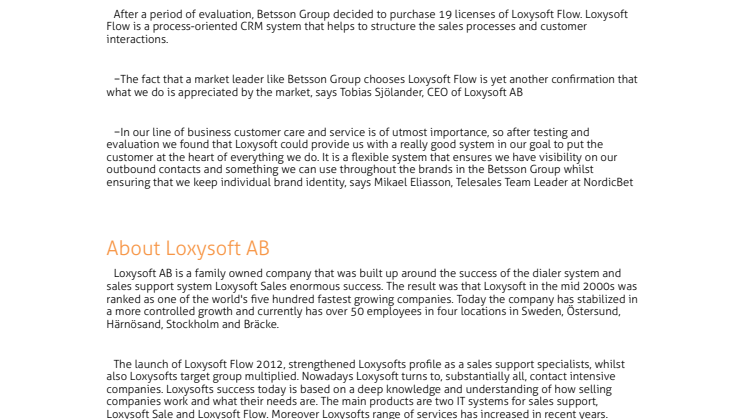 Loxysoft delivers Loxysoft flow to Betsson Group