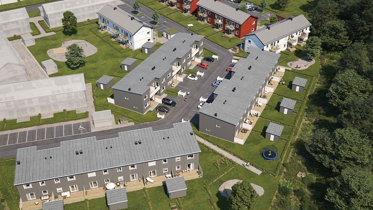 Översiktsillustration av det nya området med både radhus, BoKlok Solsidan, och lägenheter,  BoKlok Växtriket. 