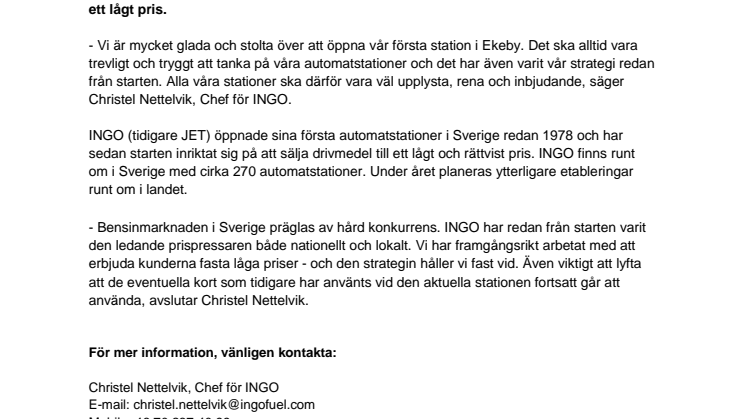 INGO öppnar automatstation i Ekeby